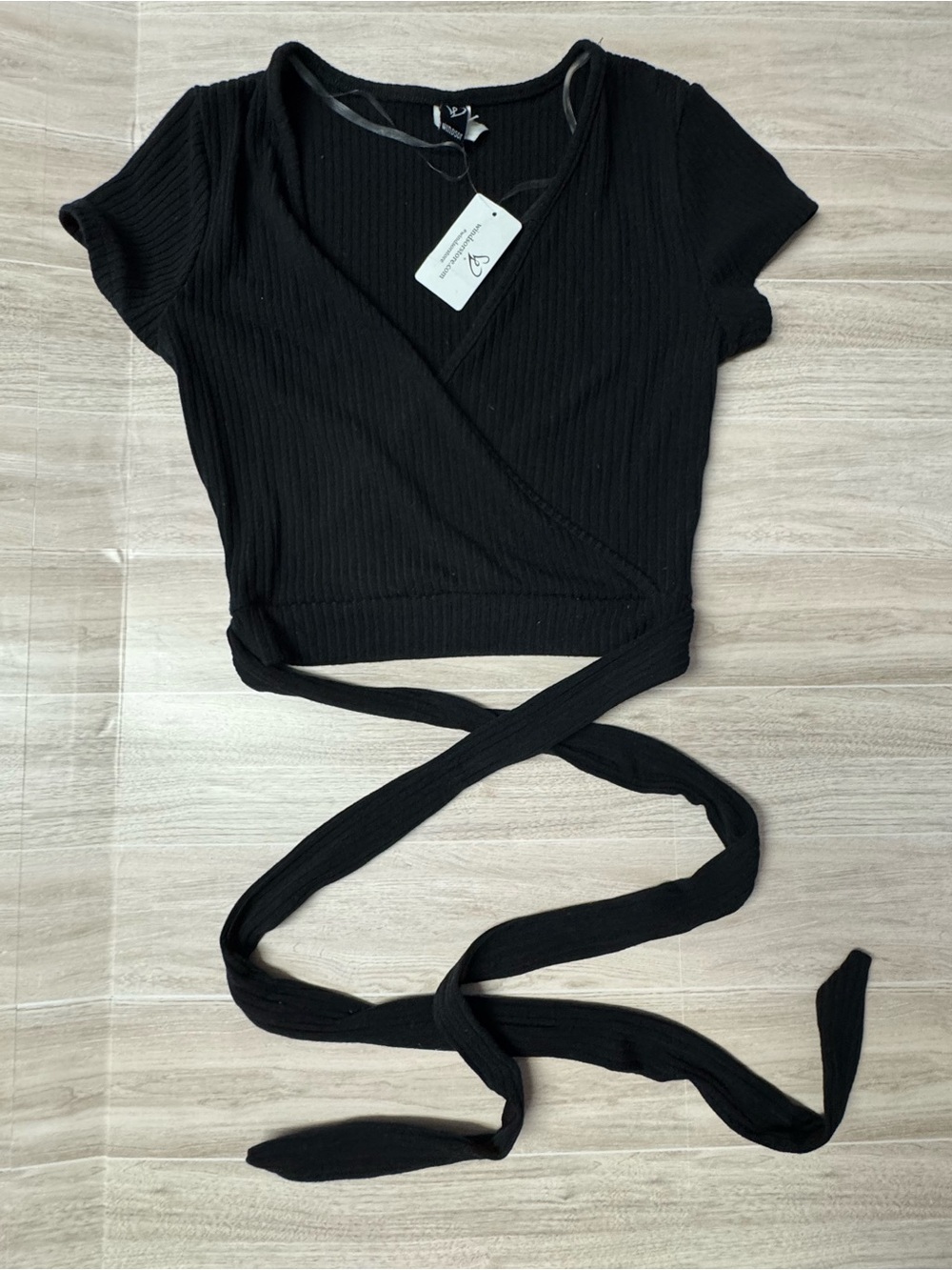 Windsor Black Ribbed Wrap Crop Top with Long Ties
